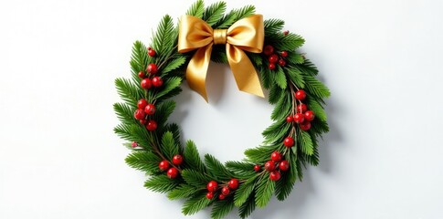 Decorative wreath with golden bow and red berries, red berries, golden bow