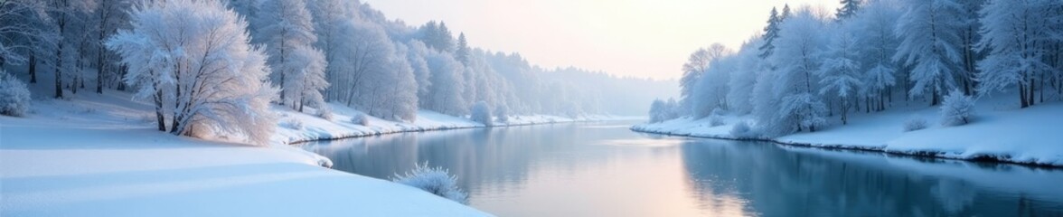 Fototapeta premium Frosty river landscape with snow-covered trees and frozen water, nature, snow, winter