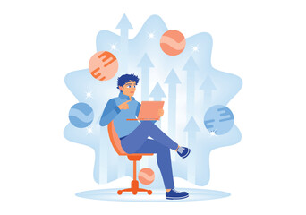 Businessman sitting in front of laptop analyzing data.