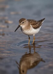 Small sandpiper searching for food in shallow water, shore, aquatic life, bird