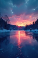Frozen pond at dusk with a lone beam of light piercing through the ice, night sky, ice rink, frozen landscape