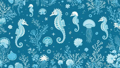 "Oceanic Whimsy: Seamless White Line Art of Underwater Sea Life on Teal"