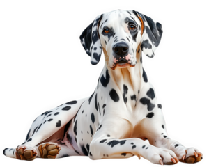 realistic illustration of Dalmatian dog lying down, showcasing its distinctive black and white spotted coat. dog appears calm and alert, with expressive eyes and relaxed posture