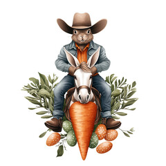 cowboy easter Bunny easter day concept. Bunny Cowboy Riding Horse with Carrot and Fresh Vegetables Graphic