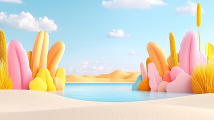 Pastel-colored organic forms flanking a tranquil desert oasis scene