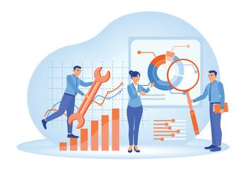 Concept of business analysis and data visualization with people and graphs.