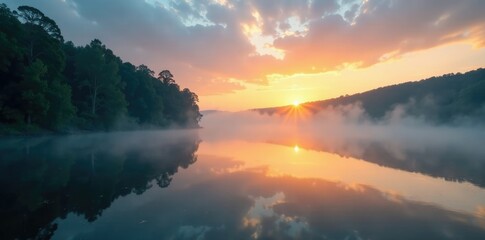 Misty dawn breaks over the river's tranquil surface, reflection, serene, weather