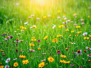 Softly falls the summer rain on a lush green meadow, revealing a tapestry of vibrant wildflowers in various shades of purple, yellow and pink, gentle, petals, meadow