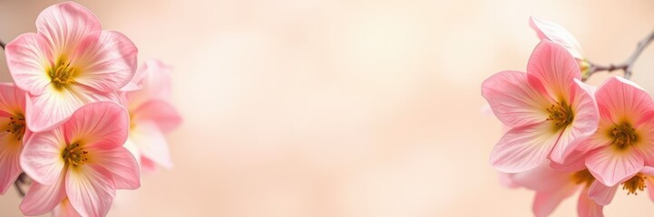 Fototapeta premium Soft Pink Peach Flower Petals Frame Blurry Light Background, peach blossoms, garden backdrop