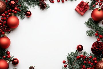 Festive Christmas Border of Ornaments and Gifts - Christmas celebration, holiday season, winter cheer, festive decorations, gift-giving joy.