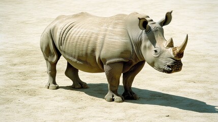 Fototapeta premium Rhino observing natural habitat savannah wildlife daylight ground level perspective