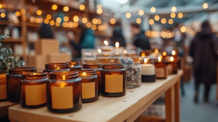 A Cozy Market Scene Featuring Lit Scented Candles in Amber Jars Surrounded by Warm Ambient Lighting and Shoppers Exploring Unique Handmade Products