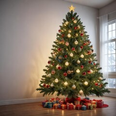 spruce Christmas tree decorated with lights, ornaments, and garlands, merry and bright, garlands for tree