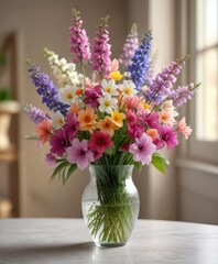 Spring flowers in a vase with a beautiful bokeh background, horticulture, spring flowers