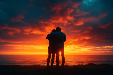 A family hugging tightly, silhouettes against a vibrant sunset. A powerful image of family unity and love.