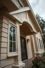 Obraz premium Elegant Home Exterior: Cream House with Classic Design and Landscaping. Discover the charm of this inviting residence, showcasing its architectural details and serene surroundings.
