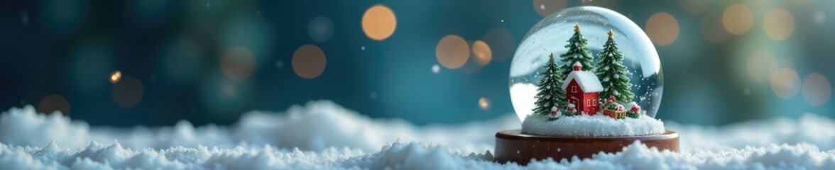 Obraz premium Small Christmas scene inside a snow globe with snow trees and pine, christmas scene, snow globe, snow trees