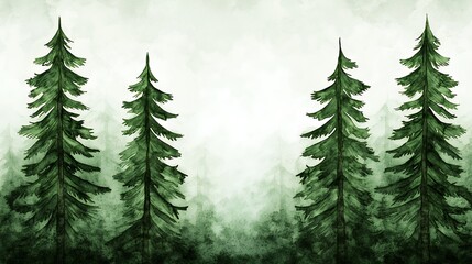 Obraz premium Tranquil Evergreen Forest Watercolor Painting: Peaceful Misty Scene with Tall Trees