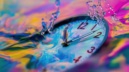 A digital clock melting into a pool of vibrant colors, Time management scene, Abstract style