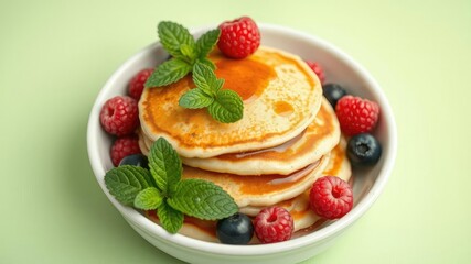 Pancakes with fresh mint and berries in a bowl, holiday treat, sweet snack, seasonal delight
