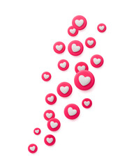 3D heart flying icons for live streaming or stories. Like background advertising. Social media reaction concept. Realistic vector illustration isolated on white