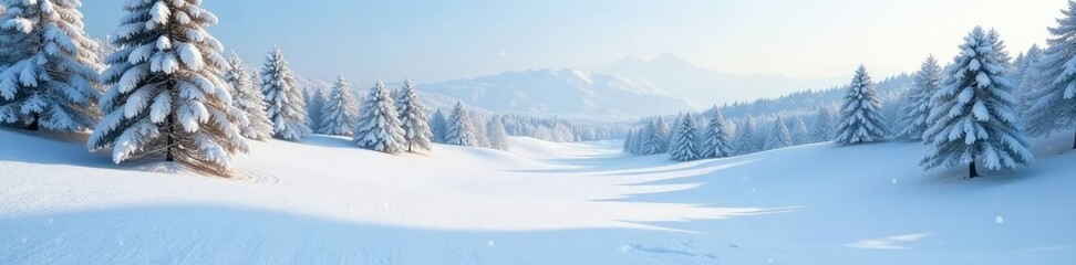 Fototapeta premium Snow-covered hills and trees on a peaceful golf course, icy terrain, snow covered hills