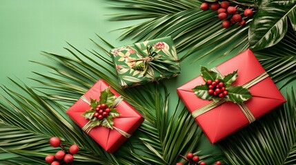 Festive Red Envelopes and Gifts Surrounded by Greenery