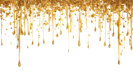 Golden honey dripping and forming drops on transparent background