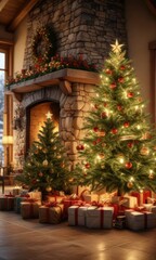 Presents piled high around the base of a Christmas tree in front of a large stone fireplace with a warm glow , holiday decor, Christmas tree