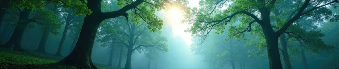 Tree branches stretch toward the sky in a misty forest, trees, misty, nature