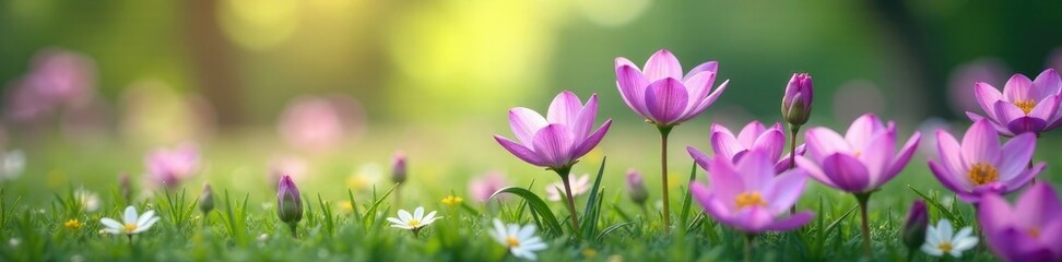 Fototapeta premium Purple flowers in a serene and peaceful landscape, natural, gardenia, serenity