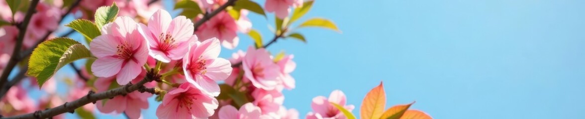Obraz premium An apricot tree in full bloom with numerous pink blossoms and green leaves against a clear blue sky, blossom, apricot