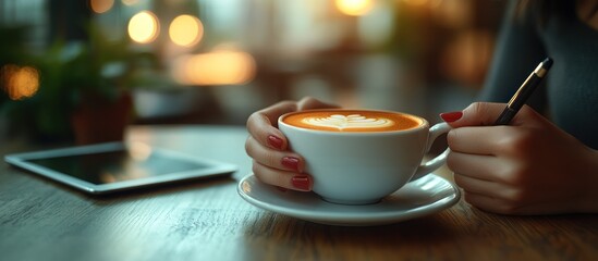 Woman enjoying latte art in a cafe, working on tablet.