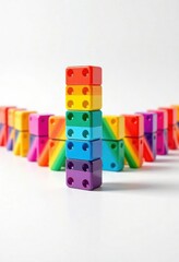 Obraz premium Rainbow-colored dominoes in a symmetrical arrangement creating a sense of balance and order, symmetry, multicolored alignment , artistic composition