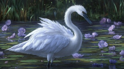 A Majestic White Swan Preening Amidst Purple Water Lilies at Dusk