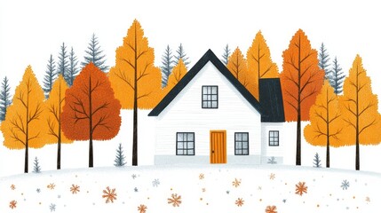 Autumnal House nestled amongst vibrant orange and gold trees