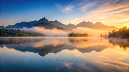 Fototapeta premium Reflection of misty mountains in a calm lake surface at sunrise, lake, peaceful, serene, reflection