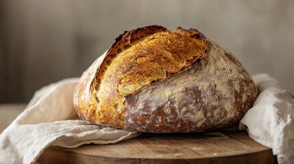 A rustic loaf of artisan bread with a crispy golden crust, Placed on a wooden cutting board, Loaf centered with a slightly angled perspective