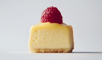 Lemon cheesecake dessert, raspberry topping, studio shot, white background, food photography