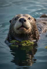 Sea Otter wrapped in kelp floating on water massaging his teeth, kelp wrapped sea otter, floated sea otter, calm sea otter