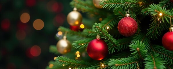 decorated fir tree with ornaments and garland, greenery, holiday, gift