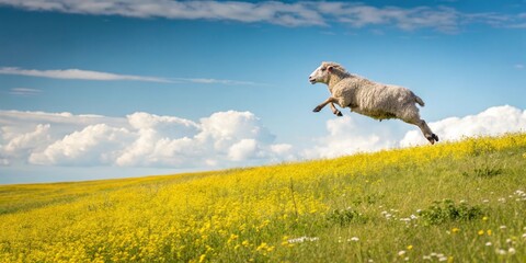 sheep in flight over a sunlit yellow meadow, outdoors, natural landscape, rural landscape