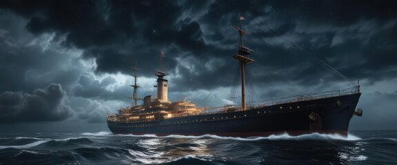 Ship sailing through a stormy night sky with stars, sailing, stars, clouds