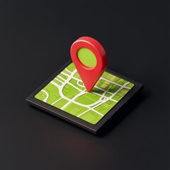 3D isometric rendering of a red location pin on a green city map.