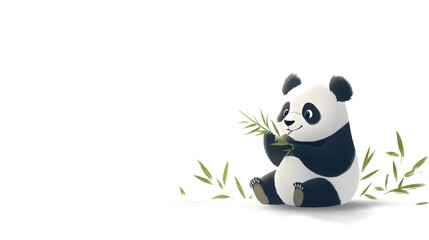 Fototapeta premium A panda sitting contentedly, eating bamboo against a plain white backdrop