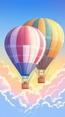 Fototapeta premium Two vibrant hot air balloons ascend through a pastel sky above fluffy clouds