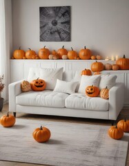 Sleek white couch adorned with Halloween-inspired pillows and pumpkins, autumn, interior design, spooky decor, elegant, modern