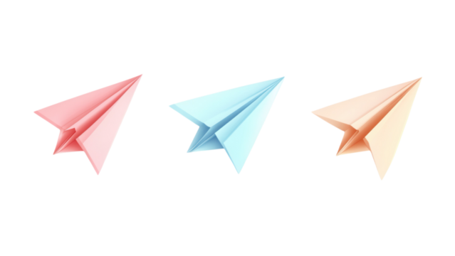 Pastel Paper Airplanes, whimsical designs in soft hues, perfect for creative projects, featuring a transparent background for versatile use