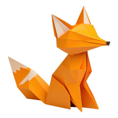 Orange origami fox, intricately folded with sharp creases, perfect for whimsical designs and animal-themed projects, transparent background.