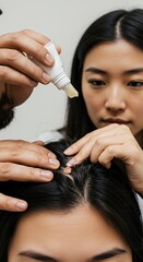 Fototapeta premium Close Up Of A Dermatologist Applying Topical Cream To A Patient's Scalp Affected By Alopecia